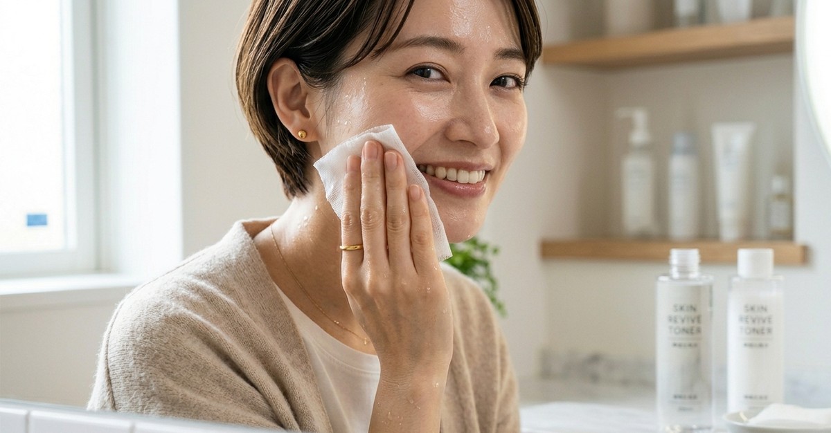 サウナ後に化粧水でスキンケアする女性